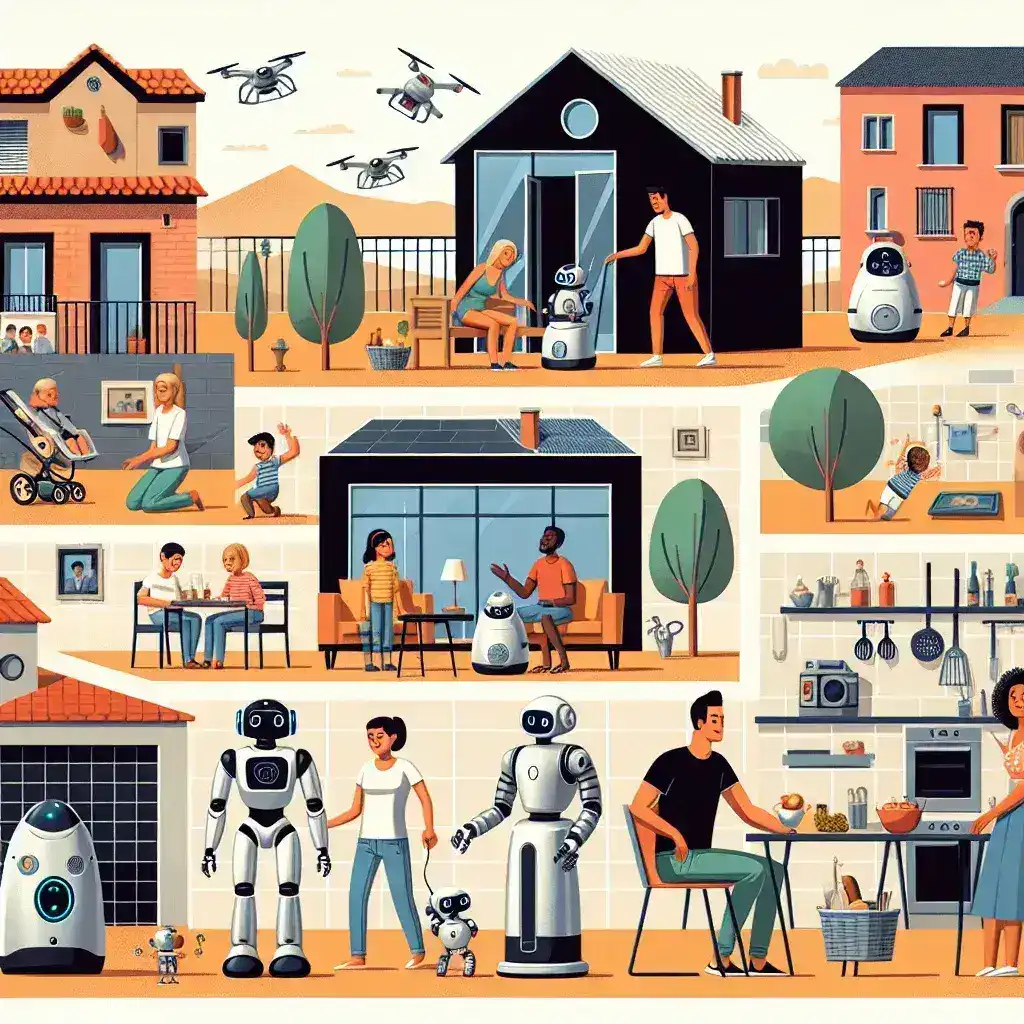 "Robot doméstico en un hogar español, mostrando su diseño moderno y funcionalidad mientras limpia el suelo, ilustrando la creciente penetración de tecnología de automatización en los hogares de España."