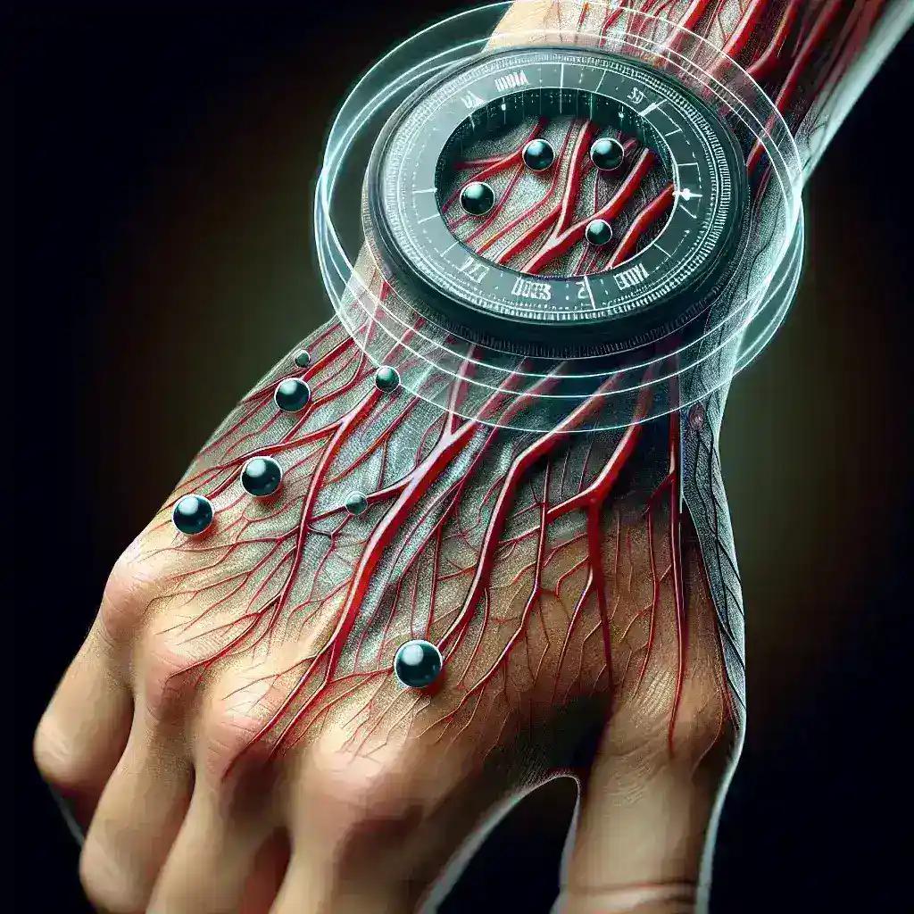 Reloj digital en una mano con venas rojas y esferas negras en la piel.