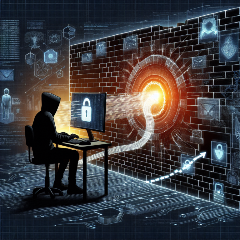 Alt text: "Imagem ilustrativa de um hacker contornando firewalls, mostrando uma representação digital de redes e segurança cibernética, destacando as técnicas utilizadas para obter acesso seguro a sistemas protegidos."