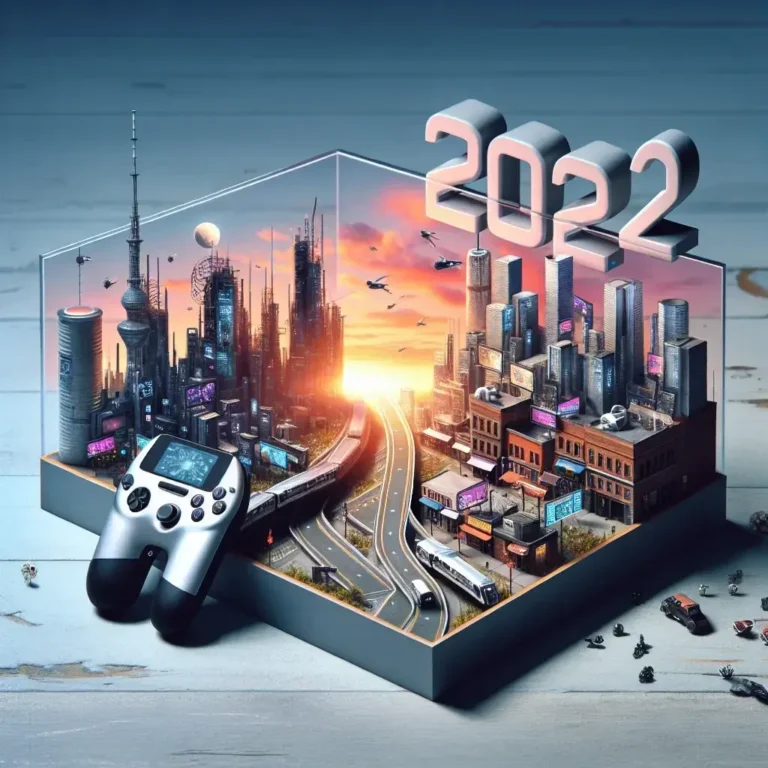 Modelo tridimensional de una ciudad futurista con un control remoto y el año 2022 en la parte superior.