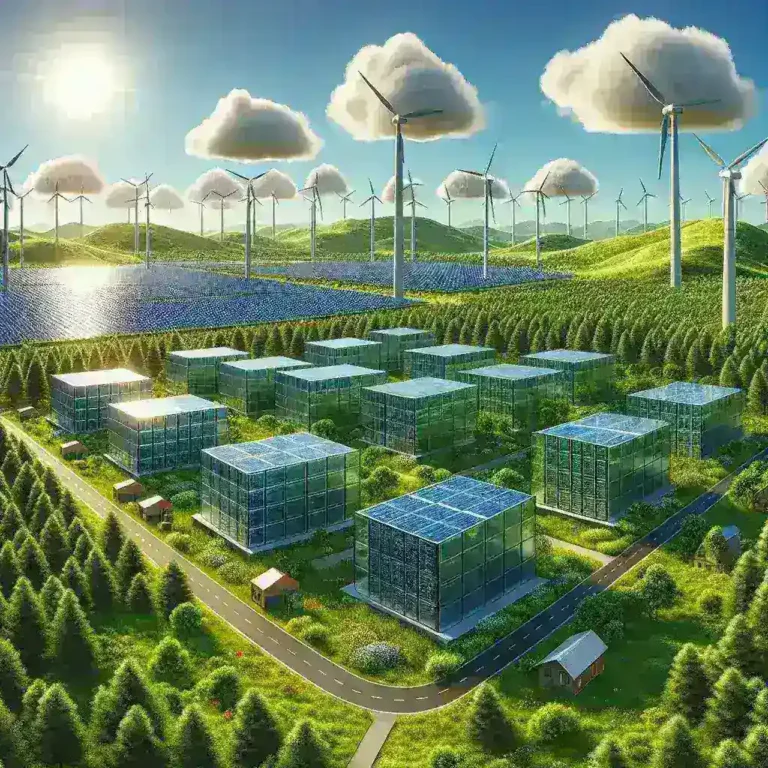 "Centros de datos verdes en España que promueven la eficiencia energética, mostrando un moderno diseño arquitectónico sostenible y tecnología avanzada para reducir el consumo de energía."