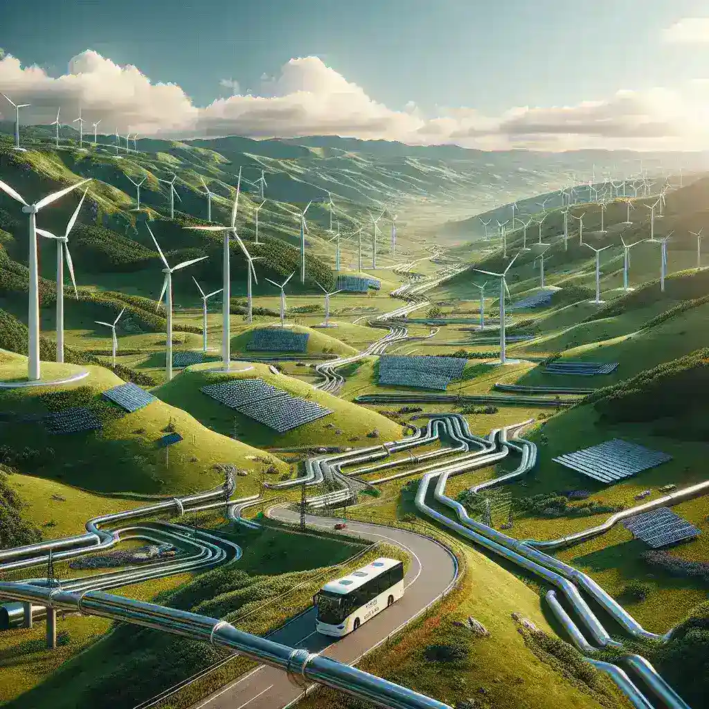 "Vista panorámica del Valle del Hidrógeno de Burgos, destacando instalaciones de energía renovable y tecnologías sostenibles para un futuro energético verde."