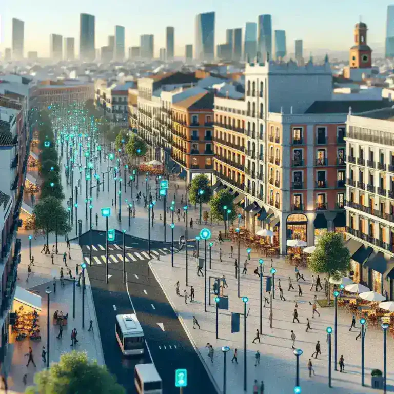 "Vista de una ciudad española con redes de sensores instalados para el control de ruido urbano, destacando la modernización tecnológica para la mejora de la calidad de vida y la sostenibilidad en entornos urbanos."