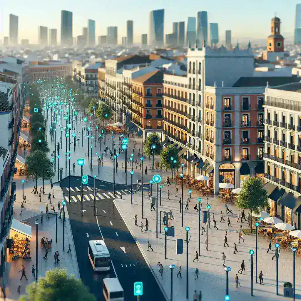 "Vista de una ciudad española con redes de sensores instalados para el control de ruido urbano, destacando la modernización tecnológica para la mejora de la calidad de vida y la sostenibilidad en entornos urbanos."
