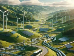 "Vista panorámica del Valle del Hidrógeno de Burgos, destacando instalaciones de energía renovable y tecnologías sostenibles para un futuro energético verde."