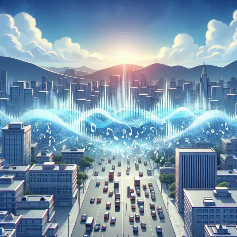 "Imagem ilustrativa de Burbujas Sonoras mostrando um dispositivo de áudio direcional em uso, destacando sua capacidade de reduzir a poluição sonora em ambientes urbanos, com ondas sonoras visíveis ao redor do usuário."