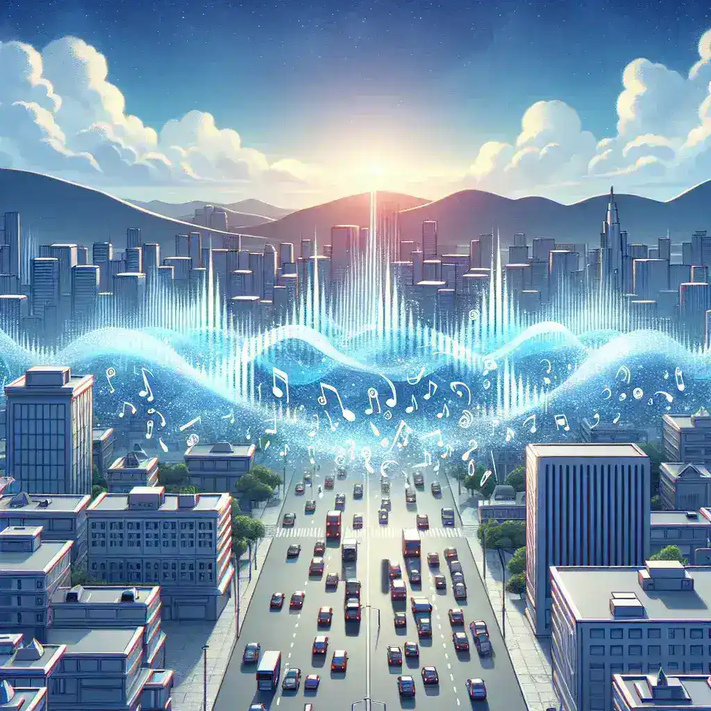 "Imagem ilustrativa de Burbujas Sonoras mostrando um dispositivo de áudio direcional em uso, destacando sua capacidade de reduzir a poluição sonora em ambientes urbanos, com ondas sonoras visíveis ao redor do usuário."