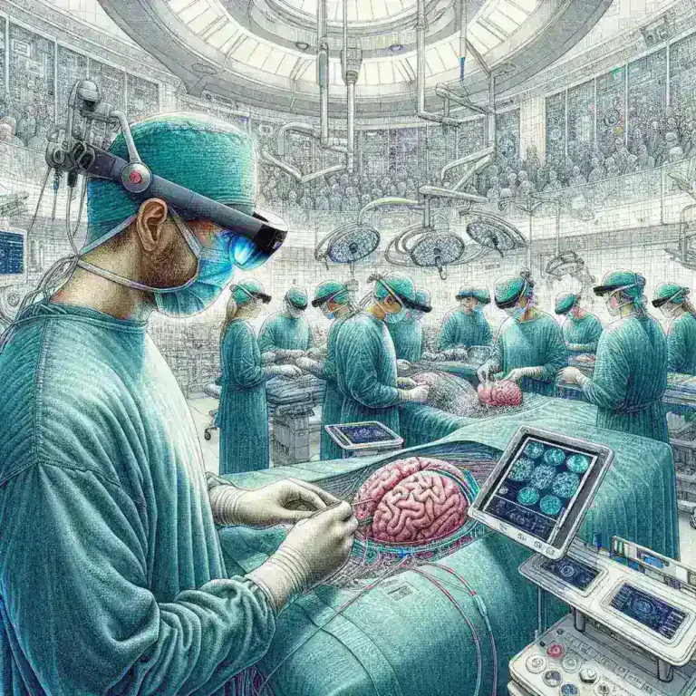 "Cirujano utilizando gafas de realidad mixta en un hospital de Madrid durante una operación cerebral"