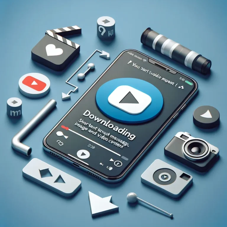 Teléfono móvil mostrando la pantalla de descarga con varios iconos de medios alrededor en un fondo azul.