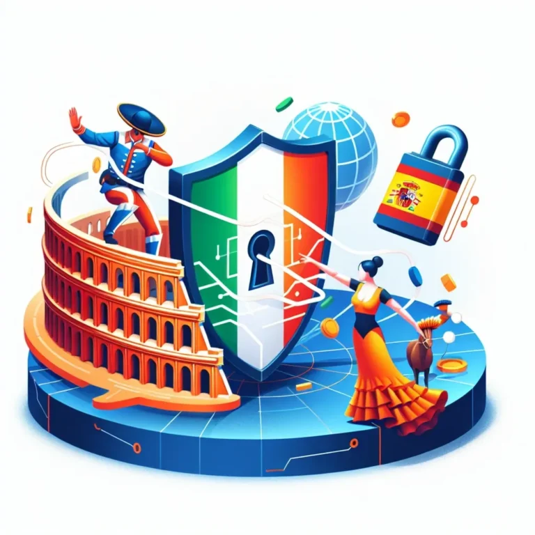 Ilustración que combina elementos culturales de Italia y España, incluyendo un escudo y figuras representativas.