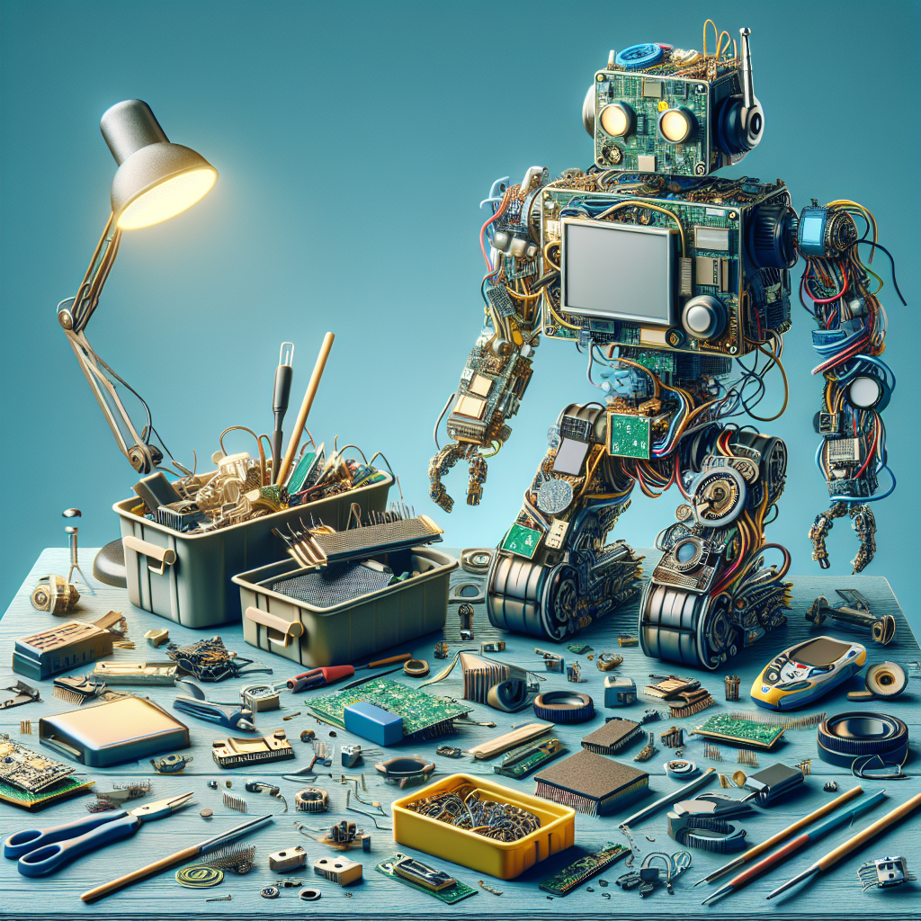 Alt text: "Robôs DIY funcionais criados a partir de lixo eletrônico, representando o conceito de robótica reciclada em um projeto inovador e sustentável."