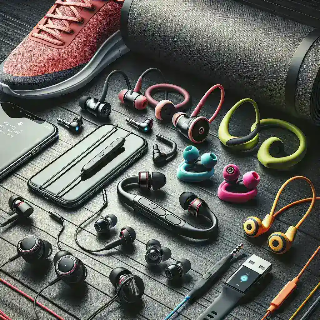 Varios modelos de auriculares y accesorios tecnológicos dispuestos sobre una superficie oscura junto a un teléfono y una alfombrilla de ejercicio.